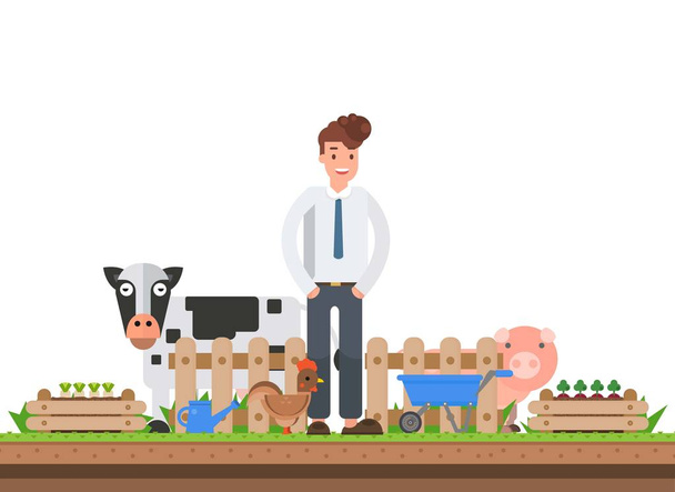 Cara feliz Hombre de negocios diseño de carácter de trabajo agricultura orgánica
 - Vector, imagen
