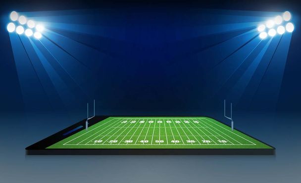Phone on American football arena field with bright stadium light - Vector, Image