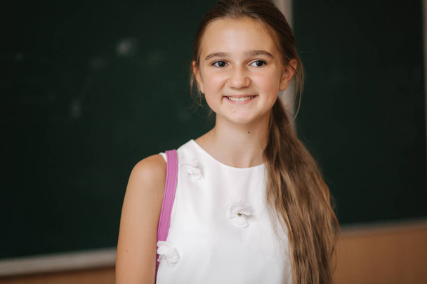 Young girl in school. Beautiful female stand in front of blackboard - Foto, immagini