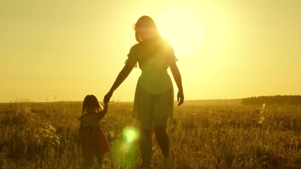 concept of a happy childhood. little daughter and mom walk around field holding hands. baby holds moms hand. happy family with child walks in evening out of town. Mother and baby are resting in park. - Footage, Video