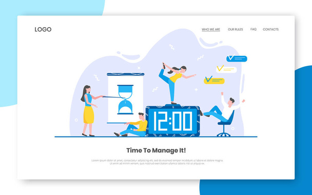 Business time management internet landing page concept with people characters working together - Vector, Image