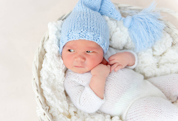Cute newborn in white basket - Foto, afbeelding