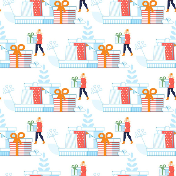 Woman with Gift Boxes Festive Seamless Pattern - Vector, Image
