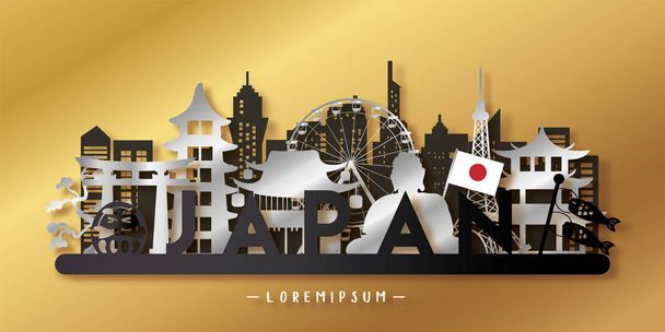 Японська поштова листівка, плакат, туристична реклама всесвітньо відомих пам'яток Японії в стилі паперу. Векторні ілюстрації - Вектор, зображення