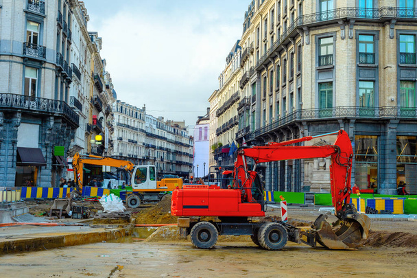 Cityscape, excavators, renovation, street, Brussels - Photo, Image
