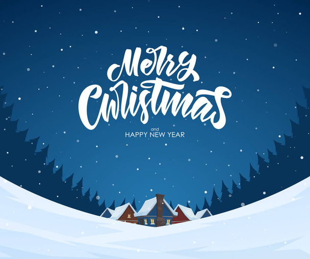 Snowy landscape background with hand lettering of Merry Christmas, night village and pine forest. - Vector, Image