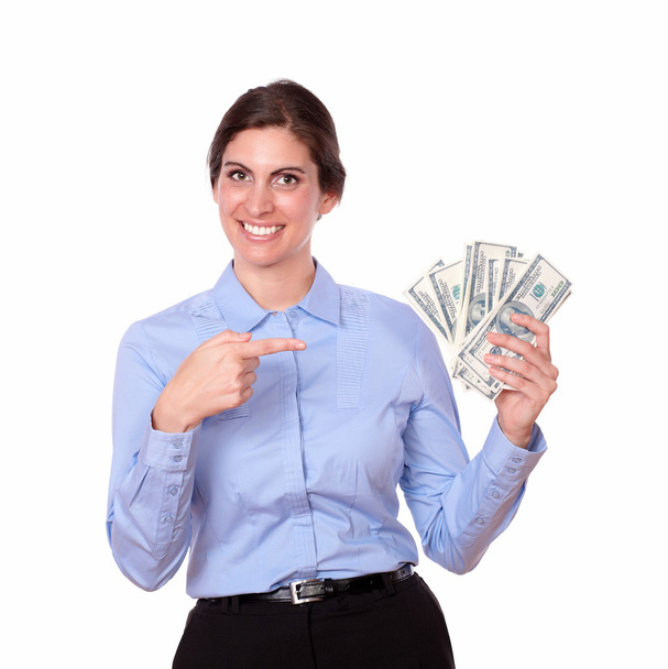 Frau zeigt auf Geld - Foto, Bild