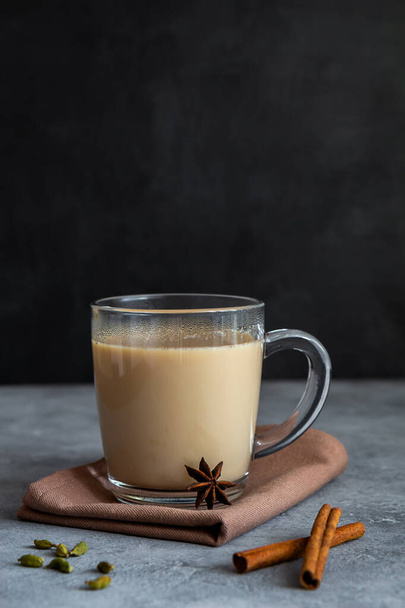 Indian tea masala chai with spices in a glass mug - Photo, Image