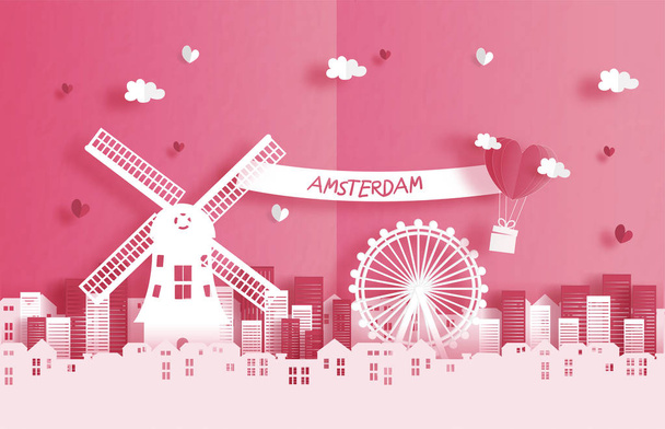 アムステルダム、愛の概念と熱気球とオランダのランドマーク。紙カットスタイルベクトルイラスト - ベクター画像
