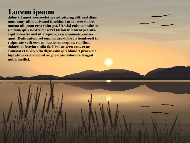Illustrazione vettoriale Bella immagine paesaggistica naturale di lago, montagne, cielo serale Il sole sta tramontando, erba e uccelli volano. Ha esempi di input di testo
. - Vettoriali, immagini