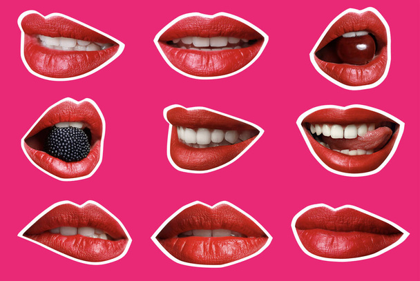 Collage with female lips on color background - 写真・画像