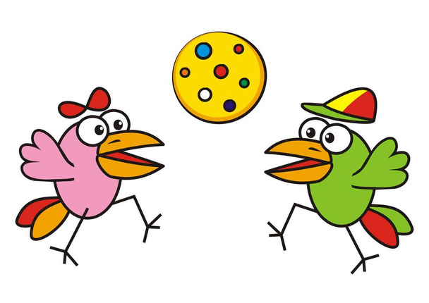 Dos pájaros felices y globo de lunares amarillos, divertida ilustración vectorial
 - Vector, Imagen