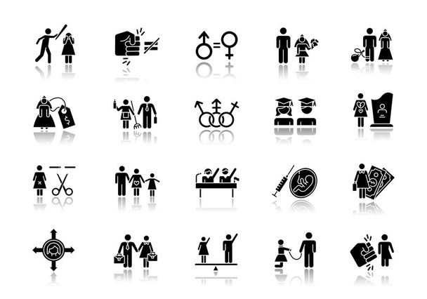 Гендерное равенство отбрасывает набор символов теневого черного знака. Женщина, мужчина справа. Сексуальное рабство. Женская экономическая деятельность. Трансгендерные люди. Работа, политика. Планирование семьи. Изолированные векторные иллюстрации
 - Вектор,изображение