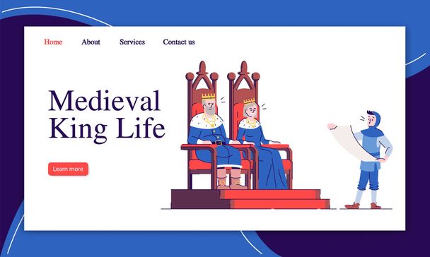 Medieval king life landing page vector template. Monarchy history website interface idea with flat illustrations. Middle Age royalty homepage layout. Sovereignty web banner, webpage cartoon concept - Vector, Image