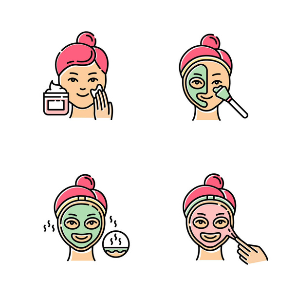 Skin care procedures color icons set. Applying exfoliating cream - Wektor, obraz