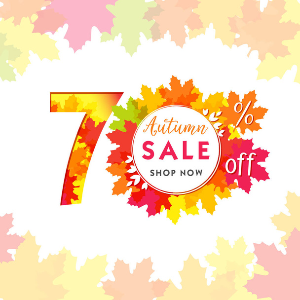 70 autumn red logotype. Colorful foliage, frame and white paper background. Calendar numbers idea. 70 years old logo. Anniversary digits. Isolated abstract graphic design template. Up to 70%, -70% off - Vector, Imagen