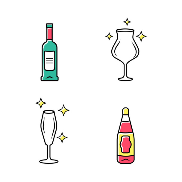 Alcohol drink glassware color icons set. Wine service elements. Crystal glasses shapes and types. Drinks and beverages types. Red wine bottles with labels. Isolated vector illustrations - Vecteur, image