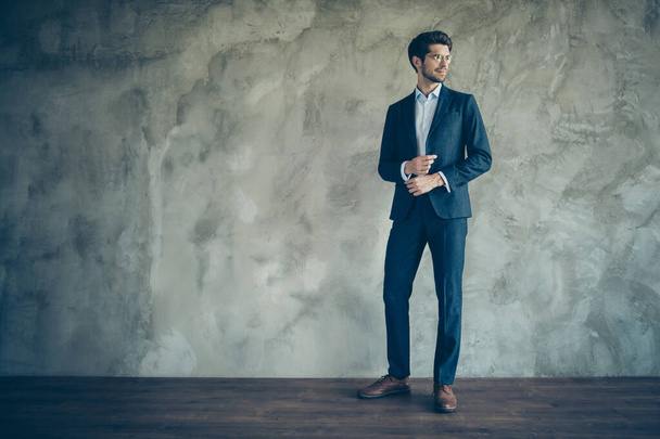 Full length profile side photo of stylish modern businessman stand over grey backbground look dream about his career in enterprise wear black formalwear outfit pants - Fotó, kép