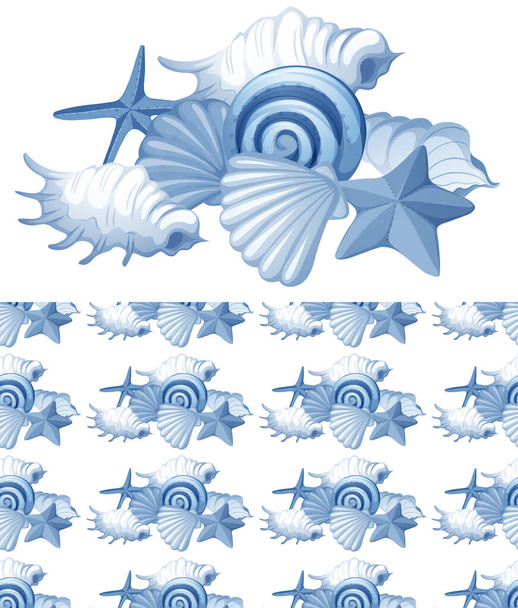 Seamless background design with seashells in blue  - Vector, Image
