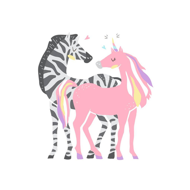 Hermoso lindo unicornio rosa y cebra. pareja de unicornio y cebra enamorados. imagen aislada. eps10
 - Vector, Imagen