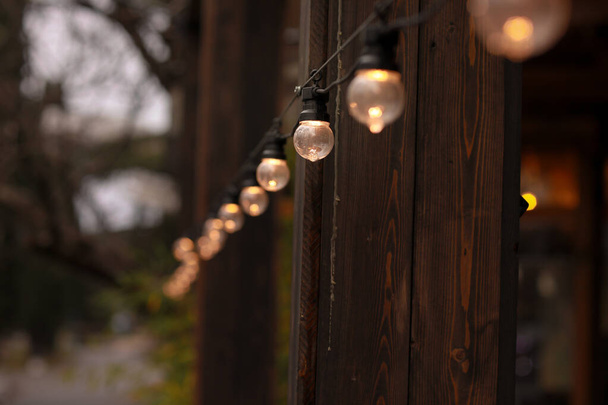 Close-up de uma grinalda de rua luminosa de uma lâmpada de edison
 - Foto, Imagem