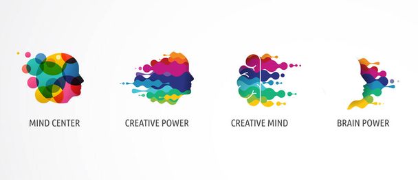 Gehirn, kreativer Geist, Lern- und Gestaltungssymbole, Logos. Männerkopf, Menschensymbole - Vektor, Bild