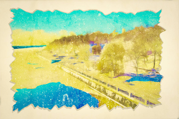 Рисование акварелью городского пейзажа. Вид с моста на r
 - Фото, изображение