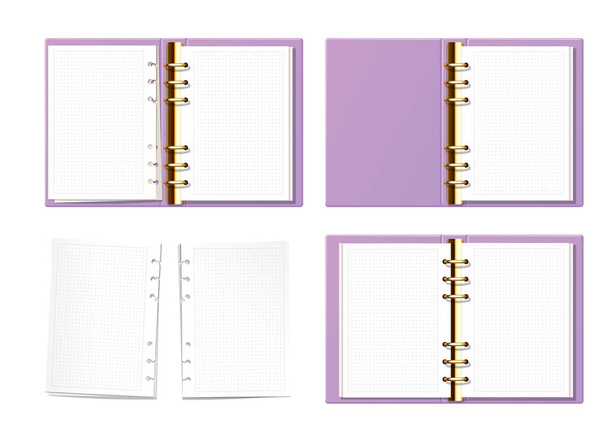 Violet open notebook mock up top view. Paper with dot texture. Opened ring book with clear blank pages. Torn pages set. - Vector, imagen