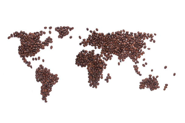 World map with continents lined with coffee beans on a white isolated background. - Fotografie, Obrázek