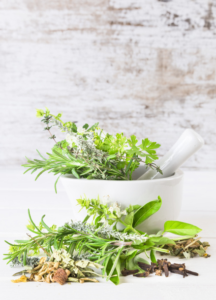 Fresh Herbs in the Mortar. Alternative Herbal Medicine. - Photo, Image