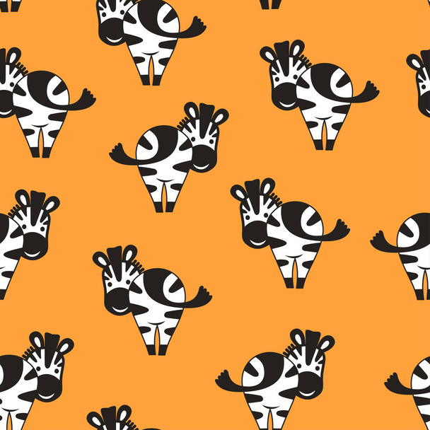 Seamless pattern with cute funny zebra. Back view. Vector drawing in the cartoon style. Children's illustration. - ベクター画像