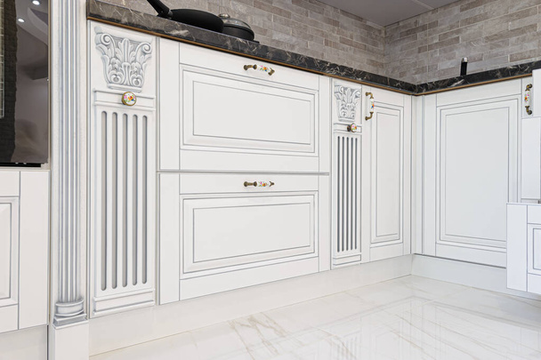 Крупним планом розкішні білі кухонні меблі
 - Фото, зображення