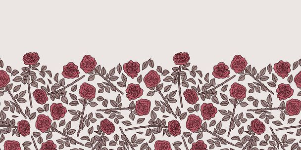 Vector bloemloze naadloze rand in roze. Eenvoudige doodle roos hand getrokken gemaakt in herhaling. Ideaal voor uitnodigingen, decor, verpakking, lint, wenskaarten, stationaire, Valentijnsdag. - Vector, afbeelding