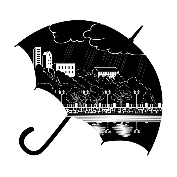  Silhouette eines Regenschirms mit verregnetem Stadtbild. Handgezeichnete Vektorillustration im Skizzenstil. - Vektor, Bild