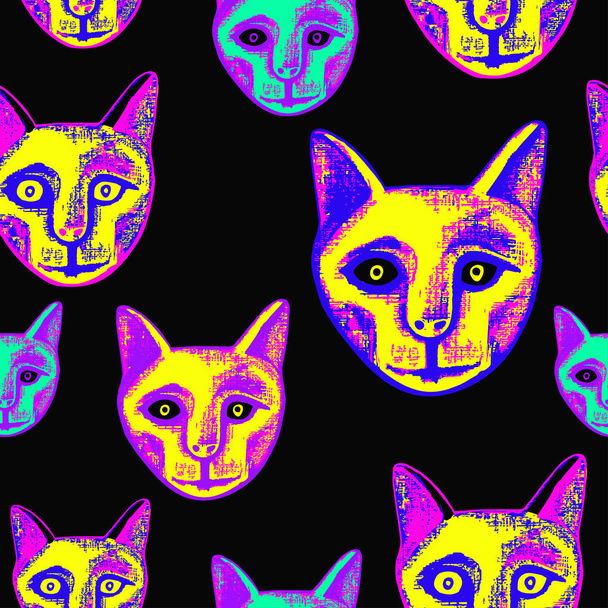  Neon mummified cat. Vector seamless pattern with an ancient Egyptian mummy of a cat.  Hand-drawn  illustration.  - ベクター画像