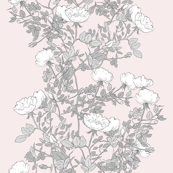 blühender Rosenstrauch. handgezeichnete Vektor nahtlose Muster mit luxuriösen Rosen. Vintage Blume Textur. - Vektor, Bild