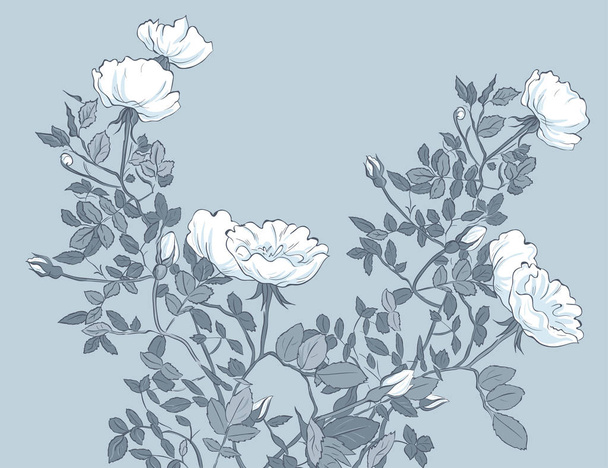 Rosenbusch. Vektorkulisse, Tafel mit Rosenblüten. handgezeichnete Illustration im Vintage-Stil. einfarbige Blumenschablone. Skizze. - Vektor, Bild