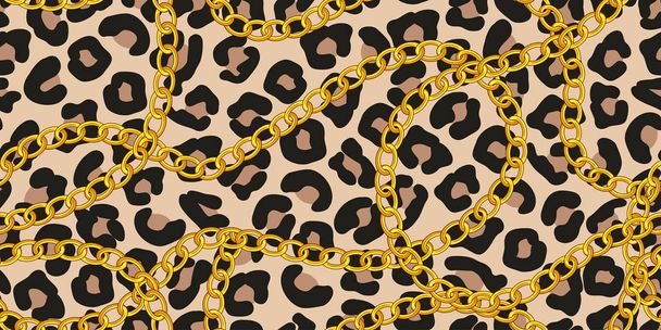 Gold chains seamless pattern with leopard skin .   Vector illustration. Animal texture. - Vektor, Bild