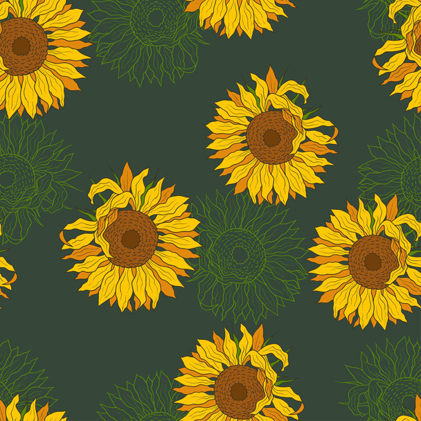 Sunflowers. Seamless vector pattern. Hand-drawn floral illustration. - Vector, Imagen