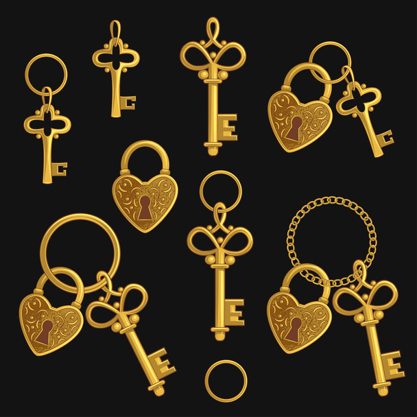 Set of various golden keys and locks of love. Vector illustration. Vintage wedding objects. - Vektori, kuva