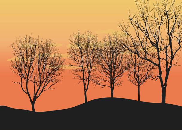 Διαφορετικές σιλουέτες των δέντρων στους λόφους στο φόντο ηλιοβασίλεμα. Χρωματική διανυσματική απεικόνιση της φύσης. - Διάνυσμα, εικόνα