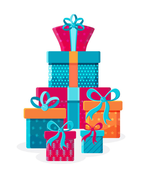 Big pile of colorful wrapped gift boxes. Mountain gifts. Beautiful present box with overwhelming bow. Holiday stack gift box for new year, birthday, wedding. Gift box icon. Christmas gift box. - Vector, Imagen