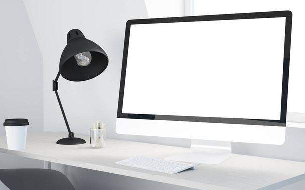 minimal desktop with mock up computer 3d rendering - Фото, изображение