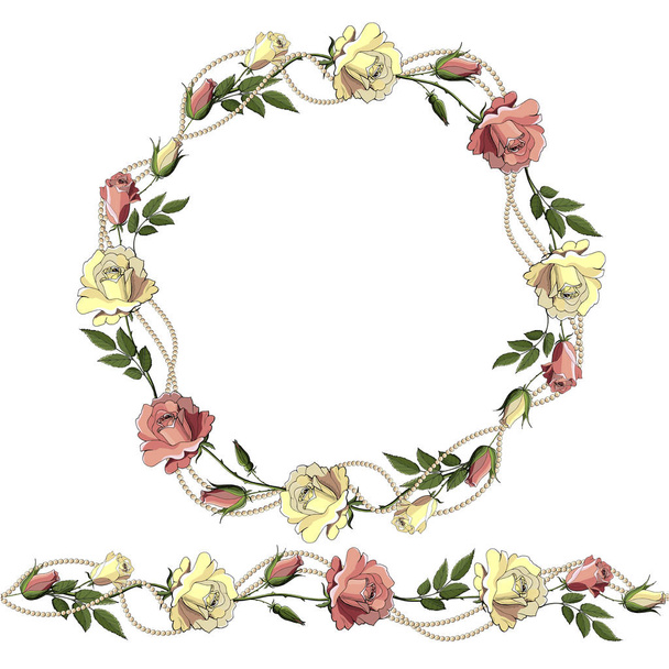 Delicate wreath of roses and pearls and endless horizontal brush - Vector, afbeelding