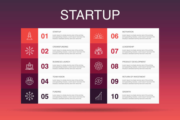 Start up Infographic 10 opció sablont. Crowdfunding, Business Launch, Motiváció, Termékfejlesztés egyszerű ikonok - Vektor, kép