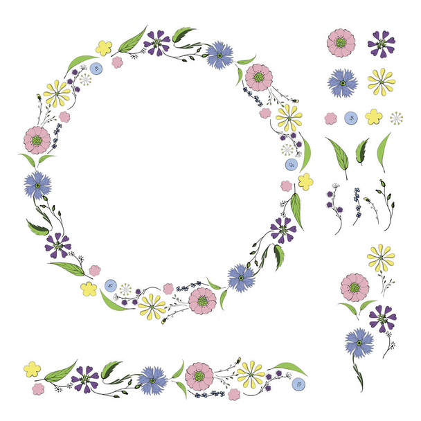 Delicate wreath of wild flowers and wreath elements - Vector, Image