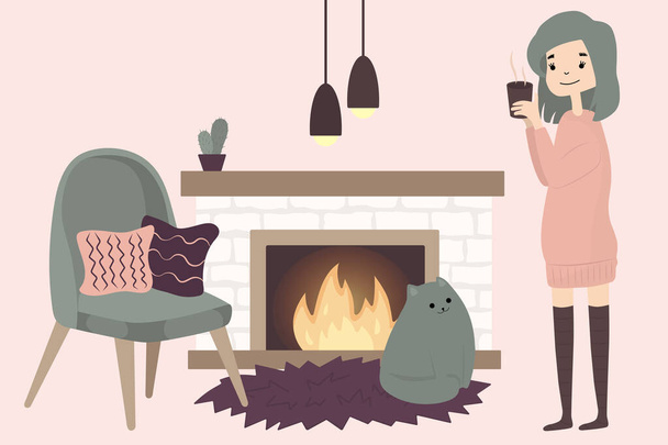 Cute girl with cat drink hot cScandinavian interior design. Cozy trendy room decoration concept. Vector illustration flat isolated  - Vector, afbeelding