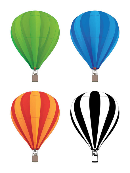 Hot Air Balloon Set in Green, Blue, Red Orange, and Black Line Art, Isolated Vector Illustration - ベクター画像