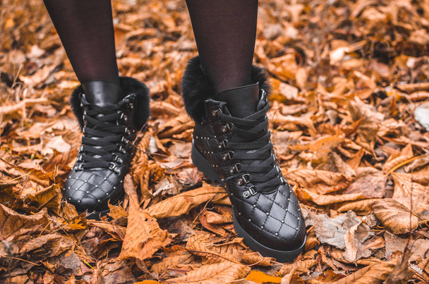 Uma menina em belas botas quentes fica no outono folhas de laranja, uma foto para a moda
 - Foto, Imagem