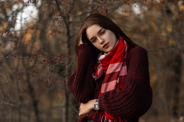 Portrét roztomilé atraktivní mladé ženy s hnědými vlasy v módním pleteném svetru s červeným stylovým kostkovaným šátkem venku. Pěkná krásná dívka si užívá procházku v lese na podzim. - Fotografie, Obrázek